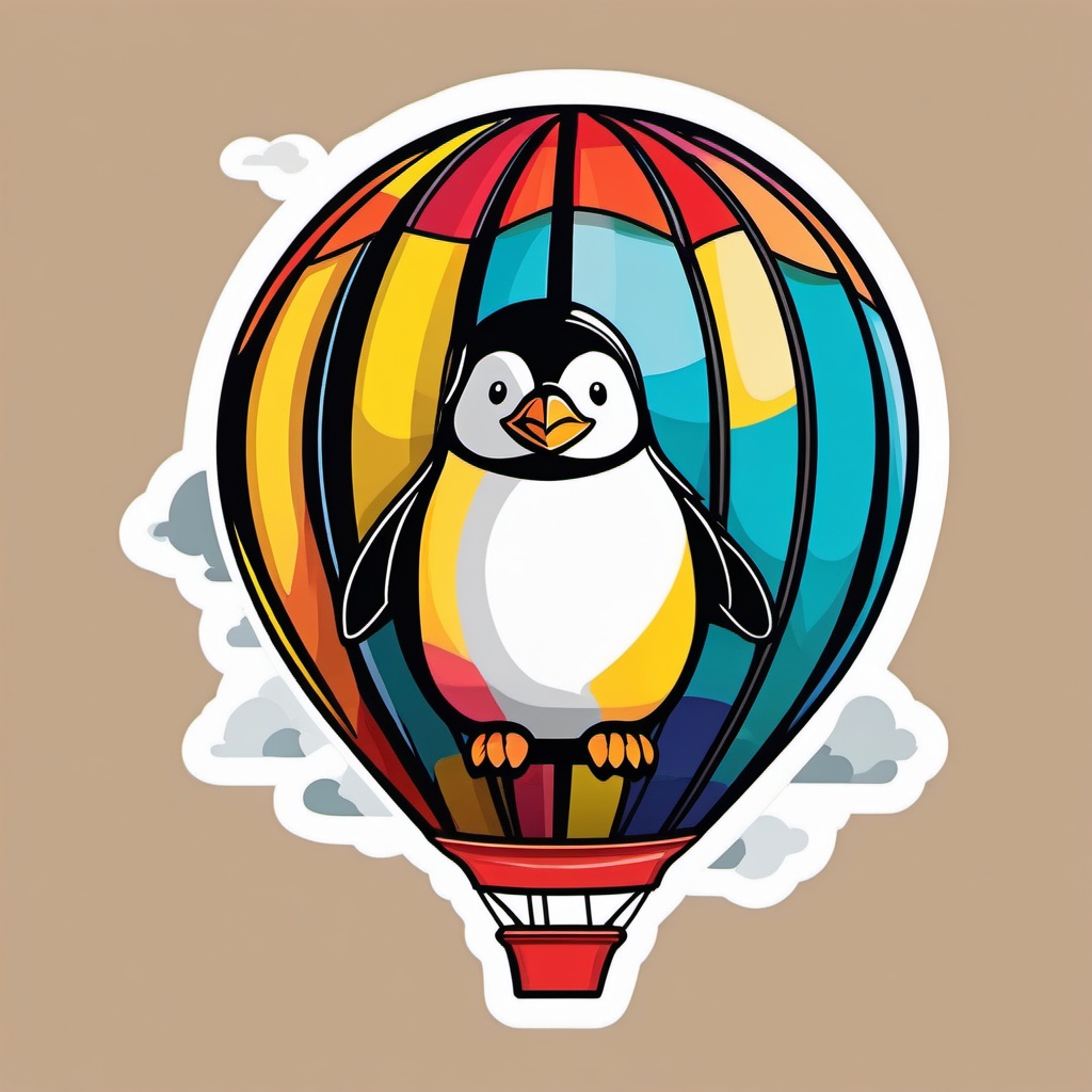 Penguin in Hot Air Balloon Sticker - A penguin soaring in a colorful hot air balloon. ,vector color sticker art,minimal