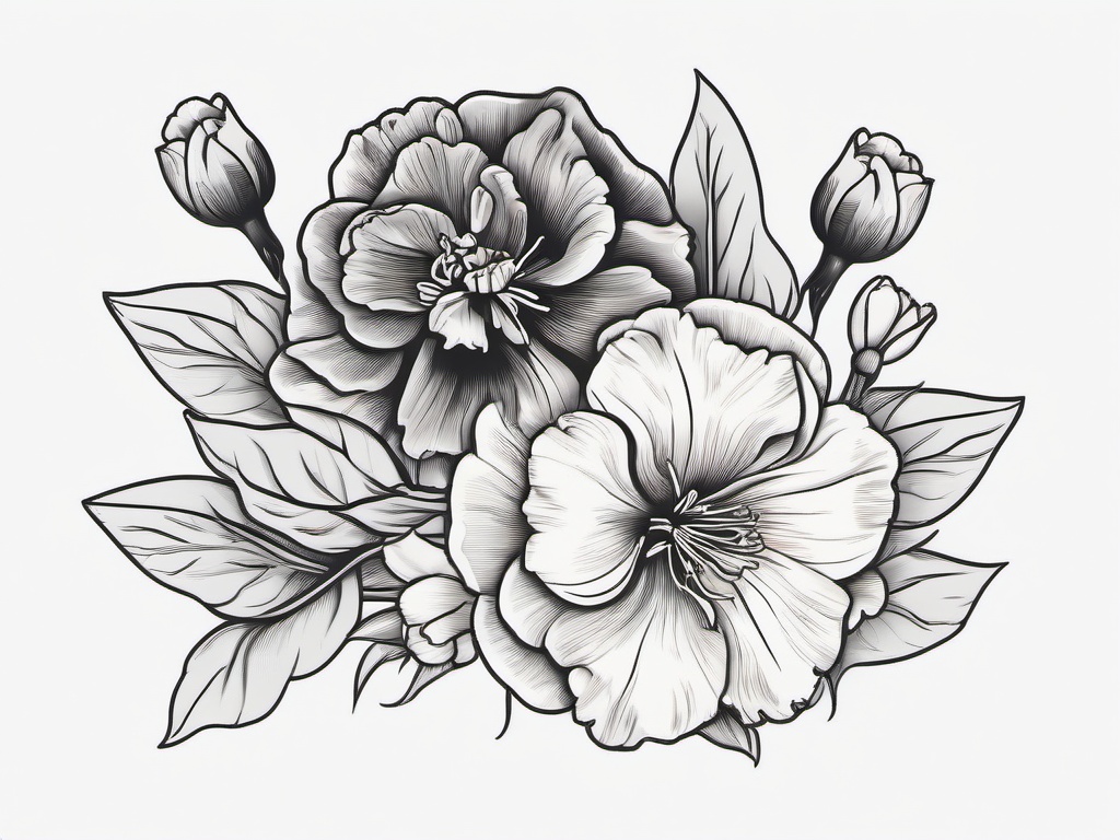 Carnation and Narcissus Tattoo,Symbolism of new beginnings and purity of heart in a tattoo featuring carnations and narcissus flowers.  simple color tattoo,minimal vector art,white background