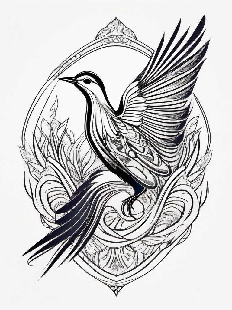 Bird of Serenity,Graceful bird in tranquil surroundings.  color tattoo style, minimalist design, white background