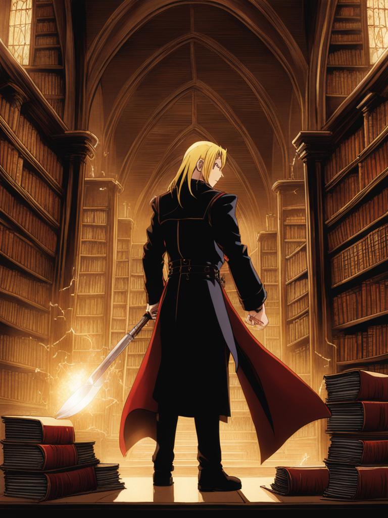 edward elric performs alchemical transmutations in an ancient library filled with tomes. 