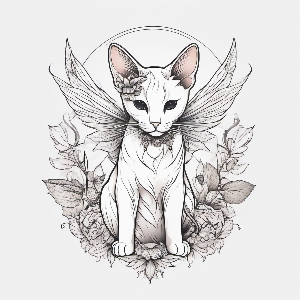 Cat Fairy Tattoo - Tattoo featuring a cat with fairy-themed elements.  minimal color tattoo, white background