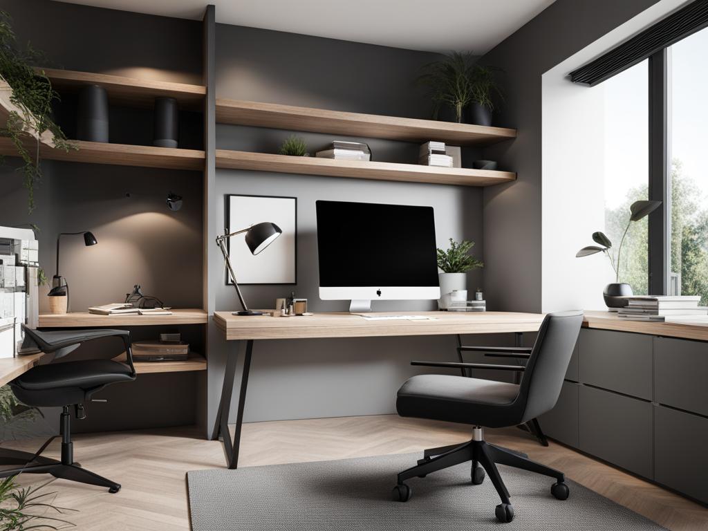 modern home office with a minimalist desk and ergonomic chair. 