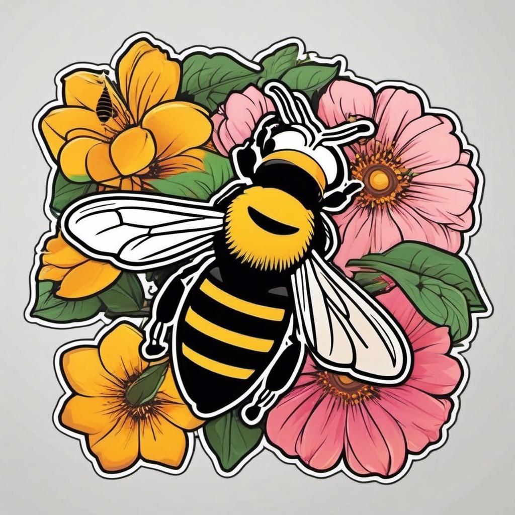 Bee Sticker - A buzzing bee collecting nectar from a flower, ,vector color sticker art,minimal