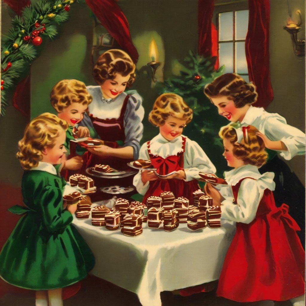 Christmas postcard- vintage christmas - people eating chocolates 