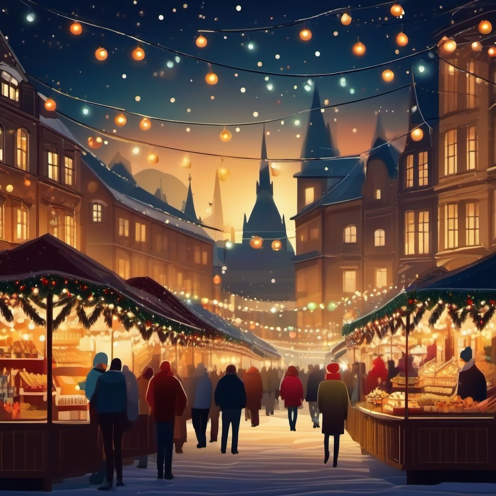 Holiday Background - Festive Christmas Market with Twinkling Lights and Stalls wallpaper, abstract art style, patterns, intricate