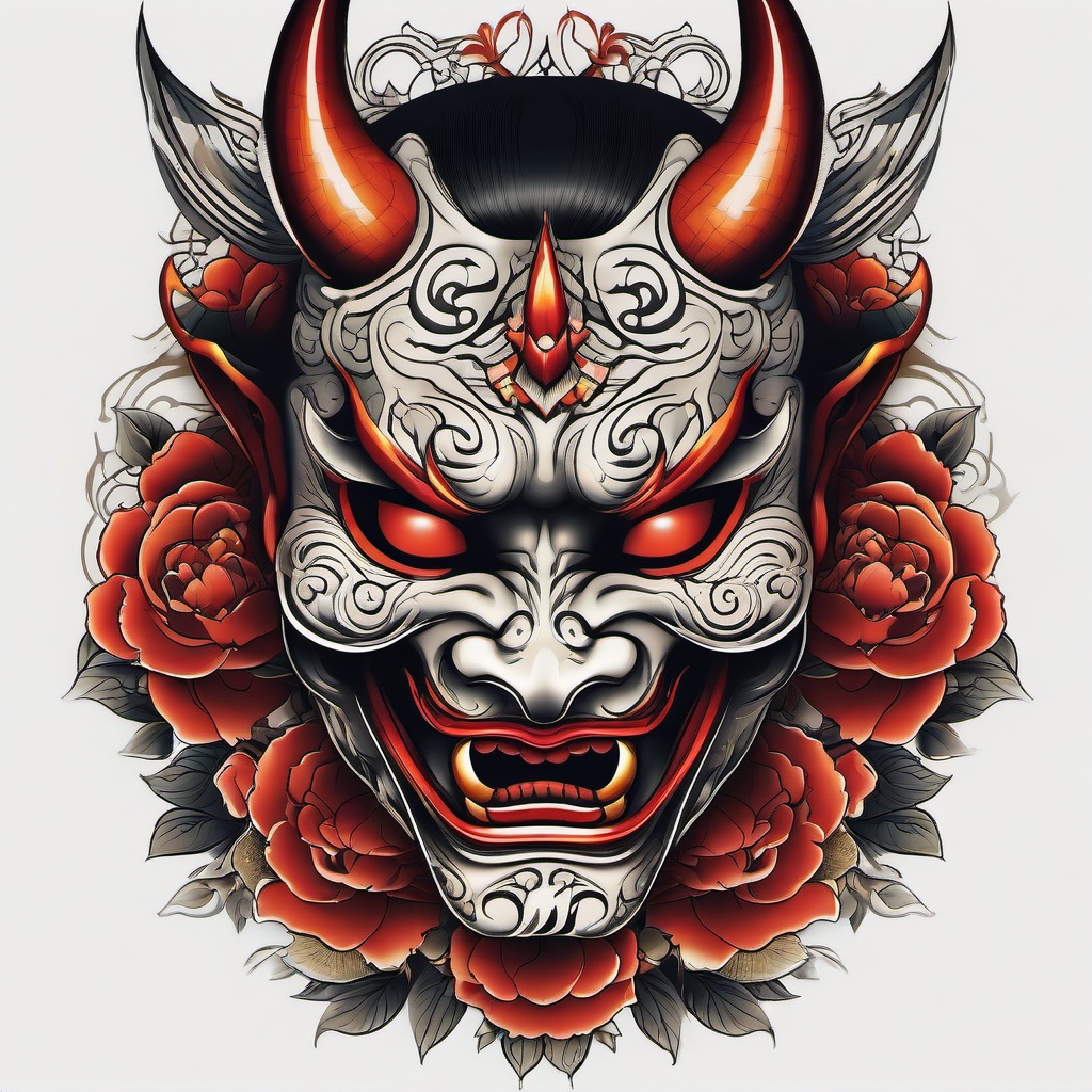 Hannya Mask Japanese Tattoo-Intricate and cultural tattoo featuring a Hannya mask in Japanese style, showcasing traditional and symbolic aesthetics.  simple color tattoo,white background