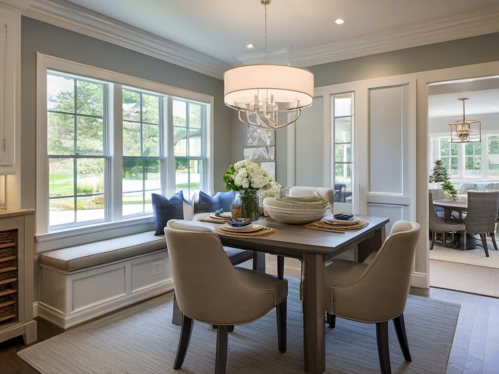 The dining nook features Hampton interior design with a cozy table, comfortable seating, and light decor that create a charming and intimate space for meals.  