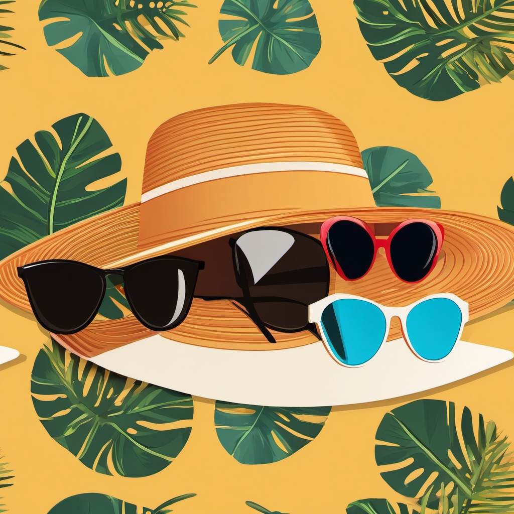 Sun Hat and Sunglasses Clipart - Sun hat and stylish sunglasses for sun protection.  color clipart, minimalist, vector art, 