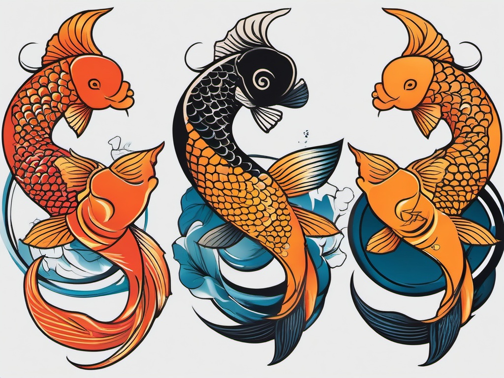 3 Koi Tattoo-Bold and vibrant tattoo featuring three Koi fish, symbolizing balance, harmony, and perseverance.  simple color vector tattoo