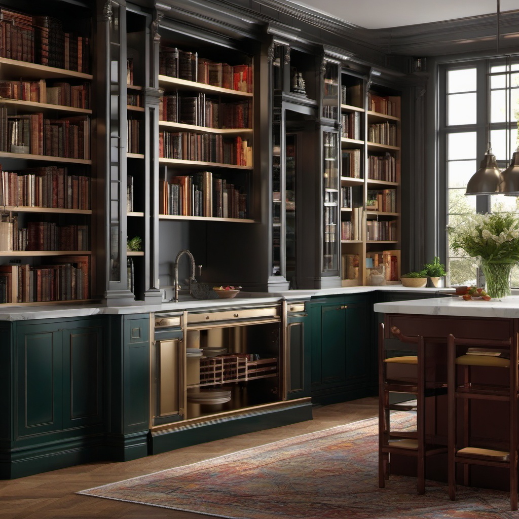 Classic Library Kitchen - Design a kitchen with classic library elements and bookshelves. , kitchen layout design ideas, multicoloured, photo realistic, hyper detail, high resolution,