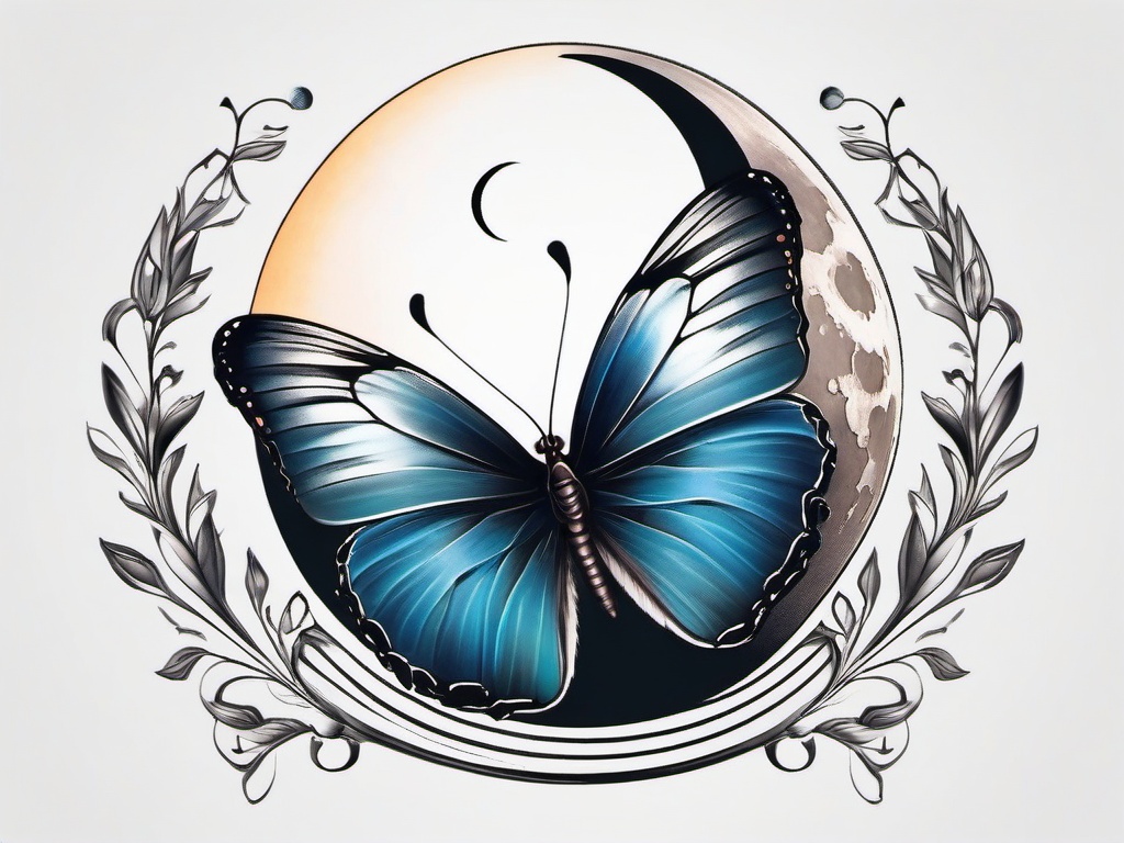 butterfly with moon tattoo  simple color tattoo, minimal, white background