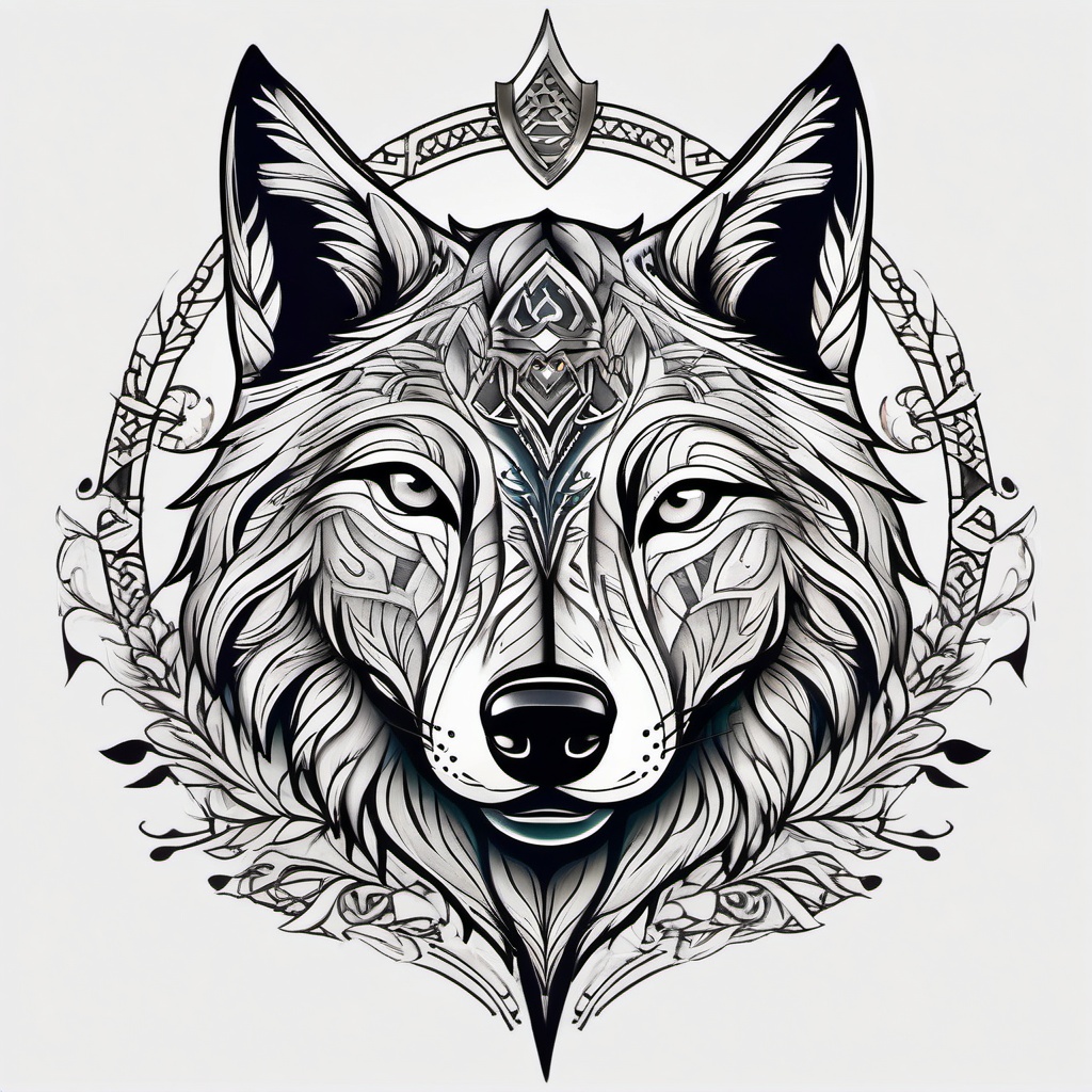 Nordic Wolf Tattoo,wolf tattoo inspired by Nordic culture, embodying the bravery and resilience of the Norse warriors. , color tattoo design, white clean background