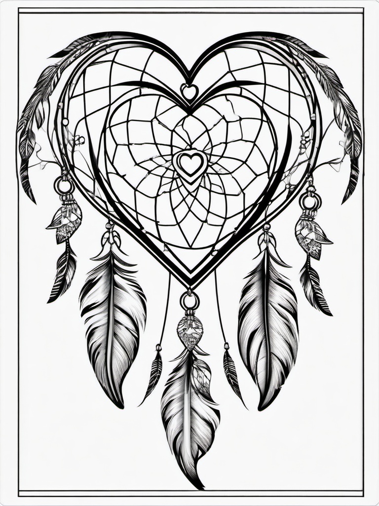 Heart Dreamcatcher with Feathers Coloring Pages - Dreamcatcher with Heart and Feathers  minimal black outline printable sheet, coloring page