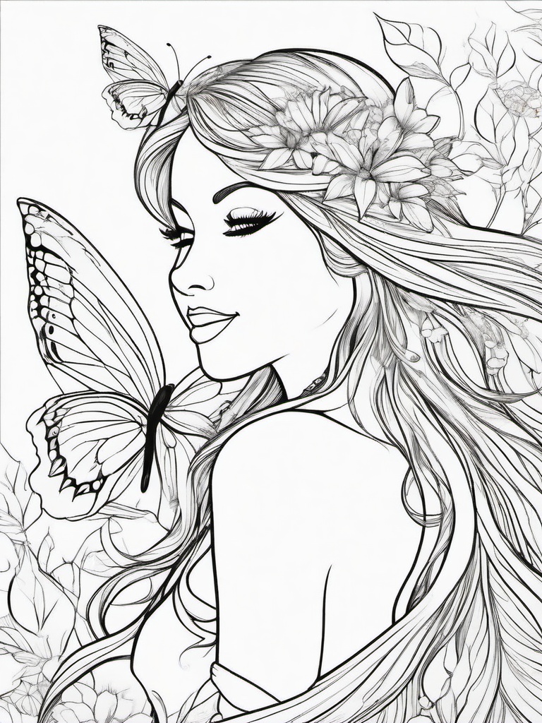 Fairy with a Butterfly Friend Coloring Pages - Fairy Laughing with a Beautiful Butterfly  minimal black outline printable sheet, coloring page