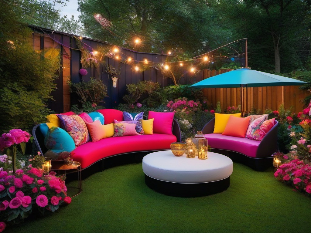 In the garden, cosmic chic interior design highlights vibrant flower beds, colorful seating, and cosmic-themed decorations that create a joyful outdoor retreat.  