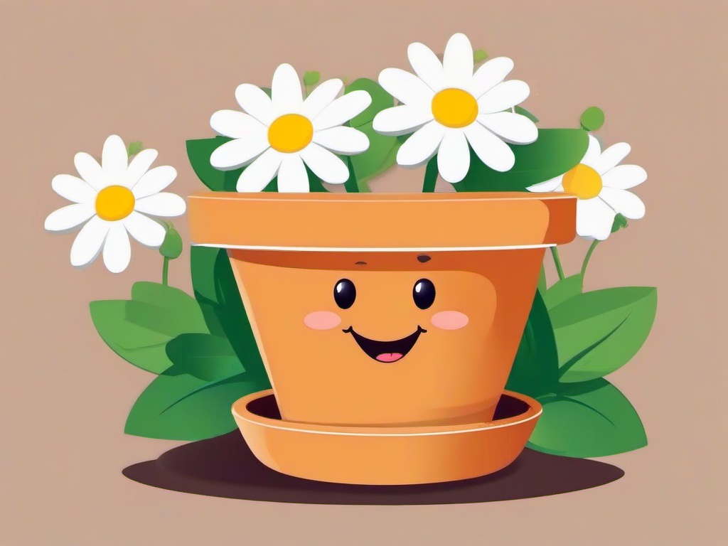 Daisy clipart - cartoon flower pot with smiling daisies  color,minimalist,vector clipart