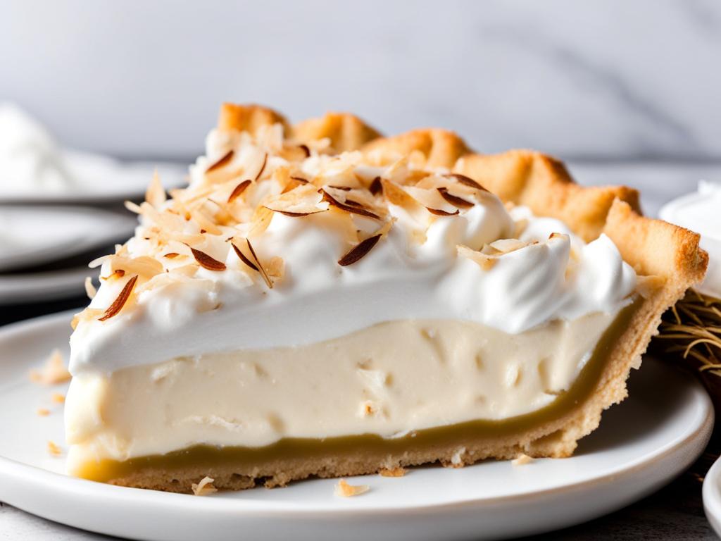 a slice of creamy coconut cream pie, topped with toasted coconut shavings and whipped cream. 