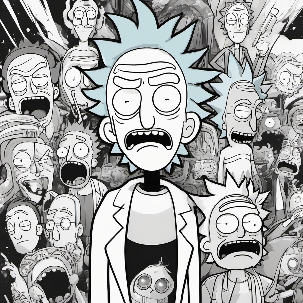 drawing of Rick and Morty with their signature expressions  minimal rough sketch scribbles,doodles,black and white