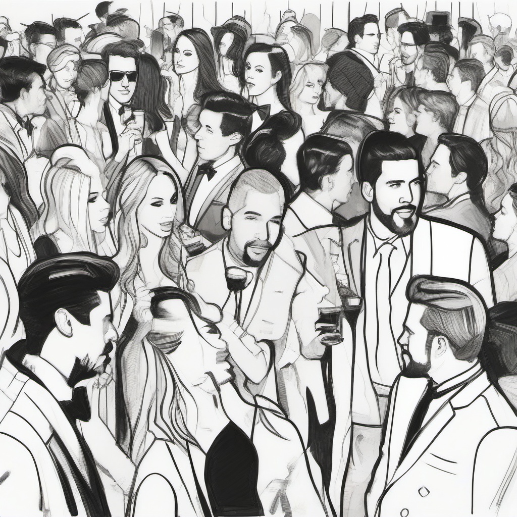 drawing of celebrities mingling at a party  minimal rough sketch scribbles,doodles,black and white