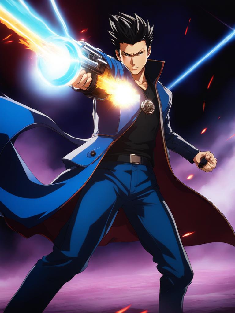 yusuke urameshi unleashes his spirit gun in a supernatural arena battle. 