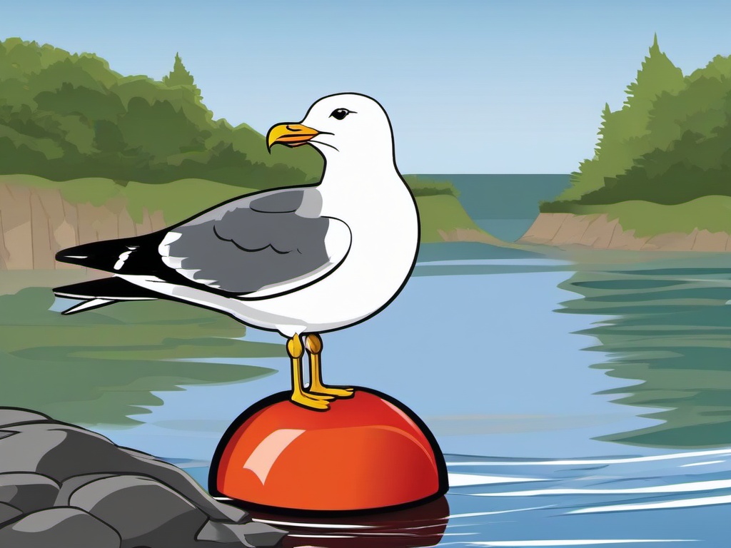 Gull Cartoon - Cartoon of gull perching on a buoy  