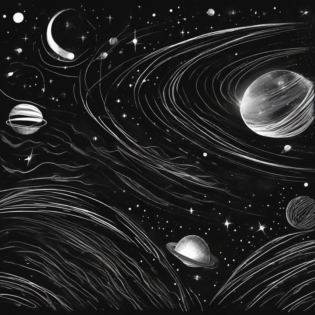 drawing of outer space  minimal rough scribbles,doodles,black and white