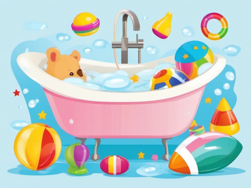 Bath with rubber toys floating clipart.  vector style illustration, white background