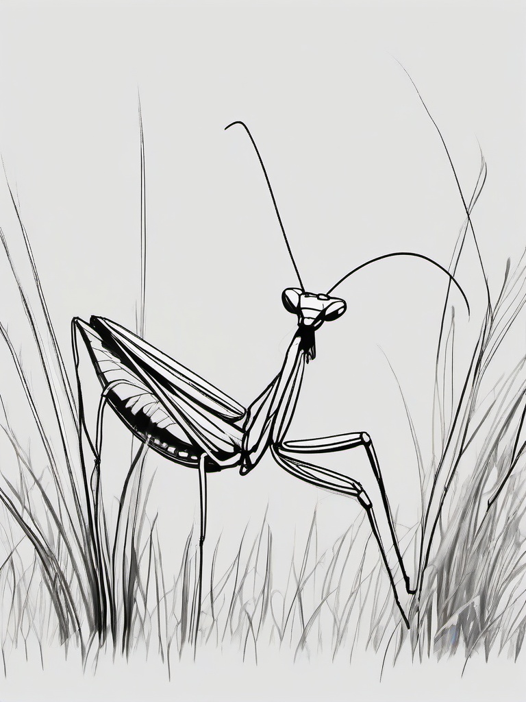 drawing of a praying mantis in the grass  minimal rough sketch scribbles,doodles,black and white