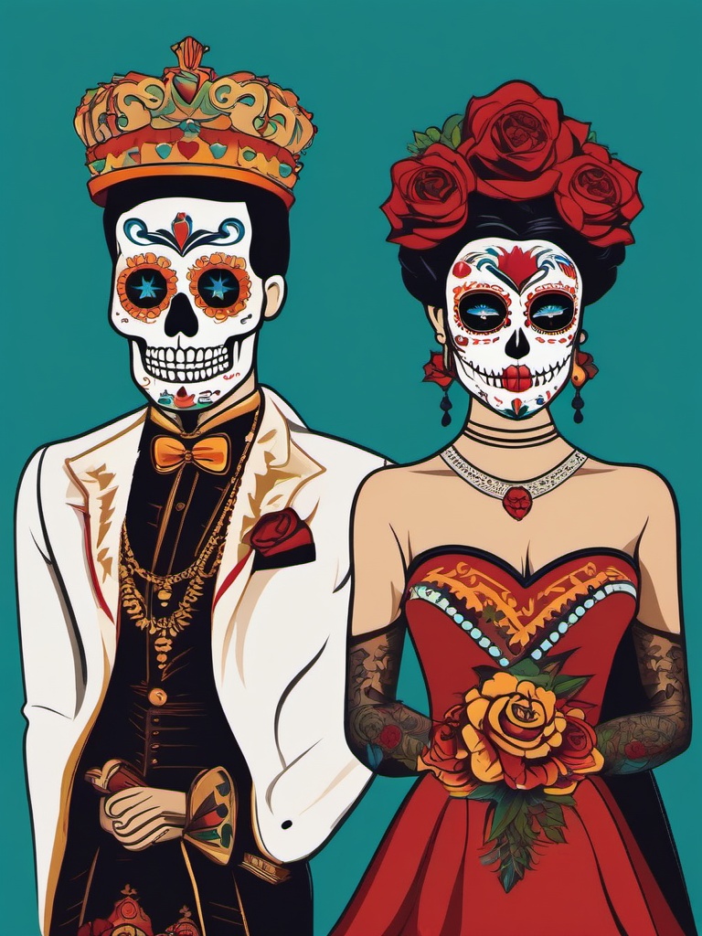 Day of the Dead King and Queen Tattoos - Merge regal symbols with the artistic flair of the Day of the Dead.  minimalist color tattoo, vector