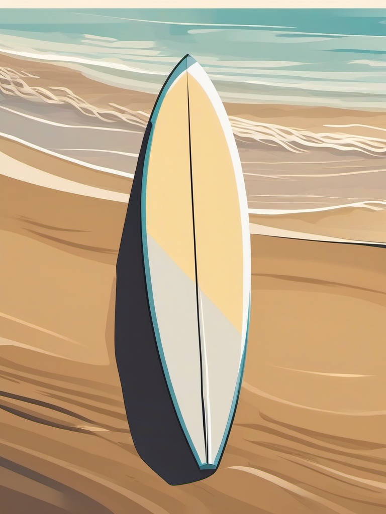 Surfboard Planted in the Sandy Shore by the Ocean Clipart - Surfboard artfully positioned in the sandy shoreline by the ocean.  color clipart, minimalist, vector art, 