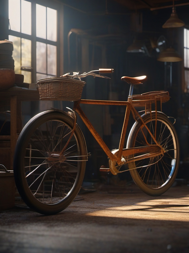 In a cluttered garage, a rusty bicycle transforms into a flying machine of dreams.  8k, hyper realistic, cinematic