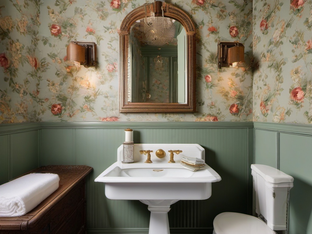 In the powder room, vintage interior design includes antique fixtures, charming wallpaper, and vintage decor that transform a small space into a delightful experience.  