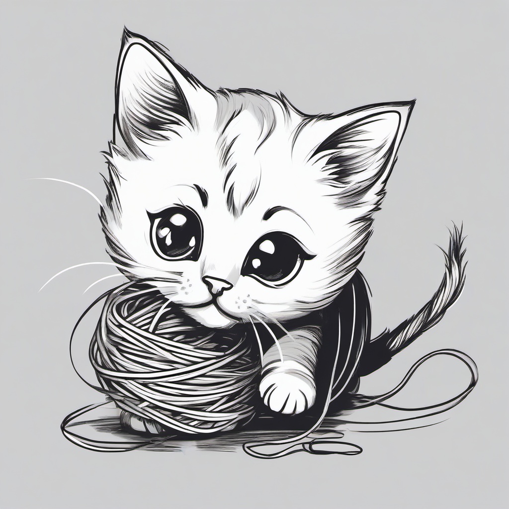 drawing of a cute kitten playing with yarn  minimal rough sketch scribbles,doodles,black and white