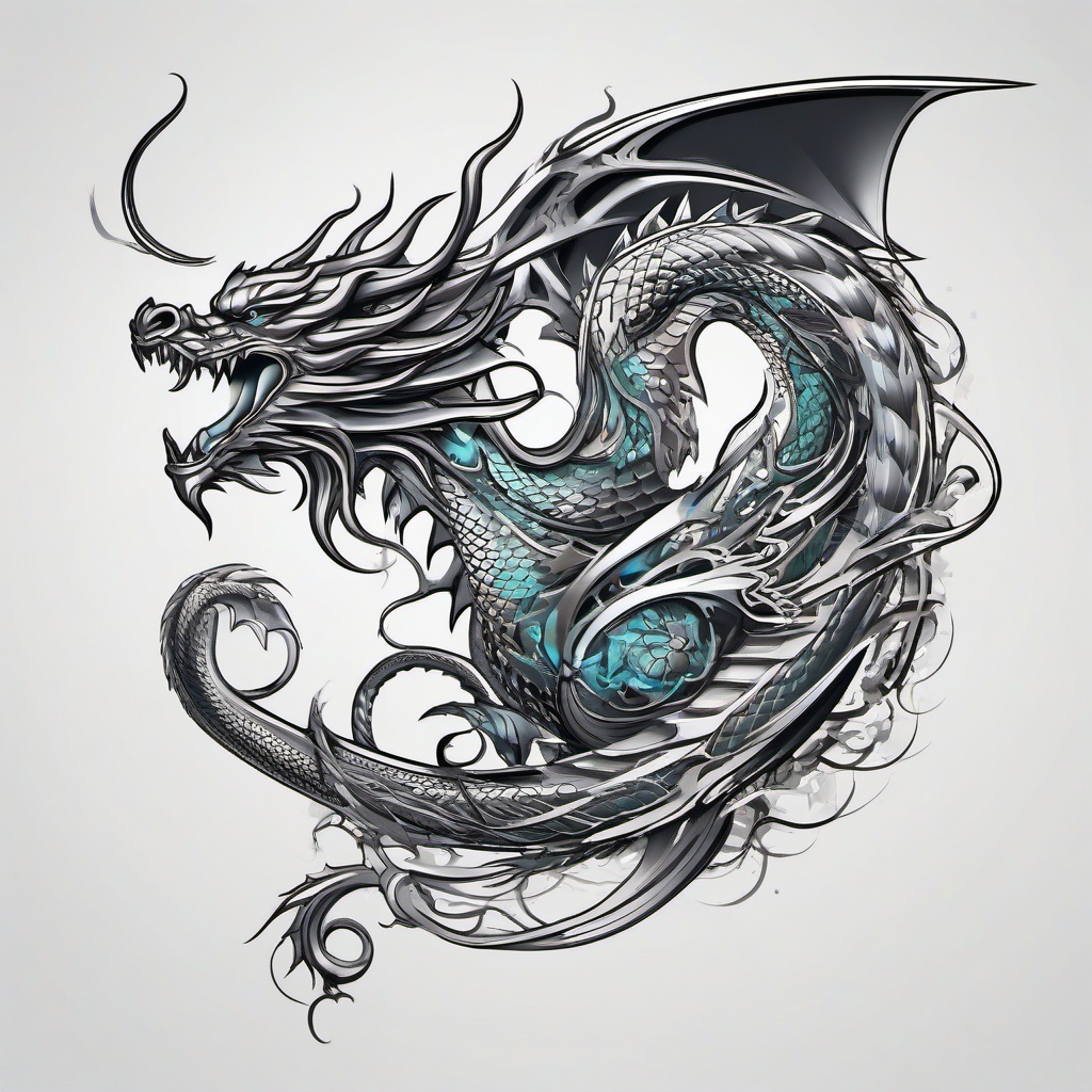 Biomechanical Dragon Tattoo - Tattoo combining dragon motifs with biomechanical elements.  simple color tattoo,minimalist,white background