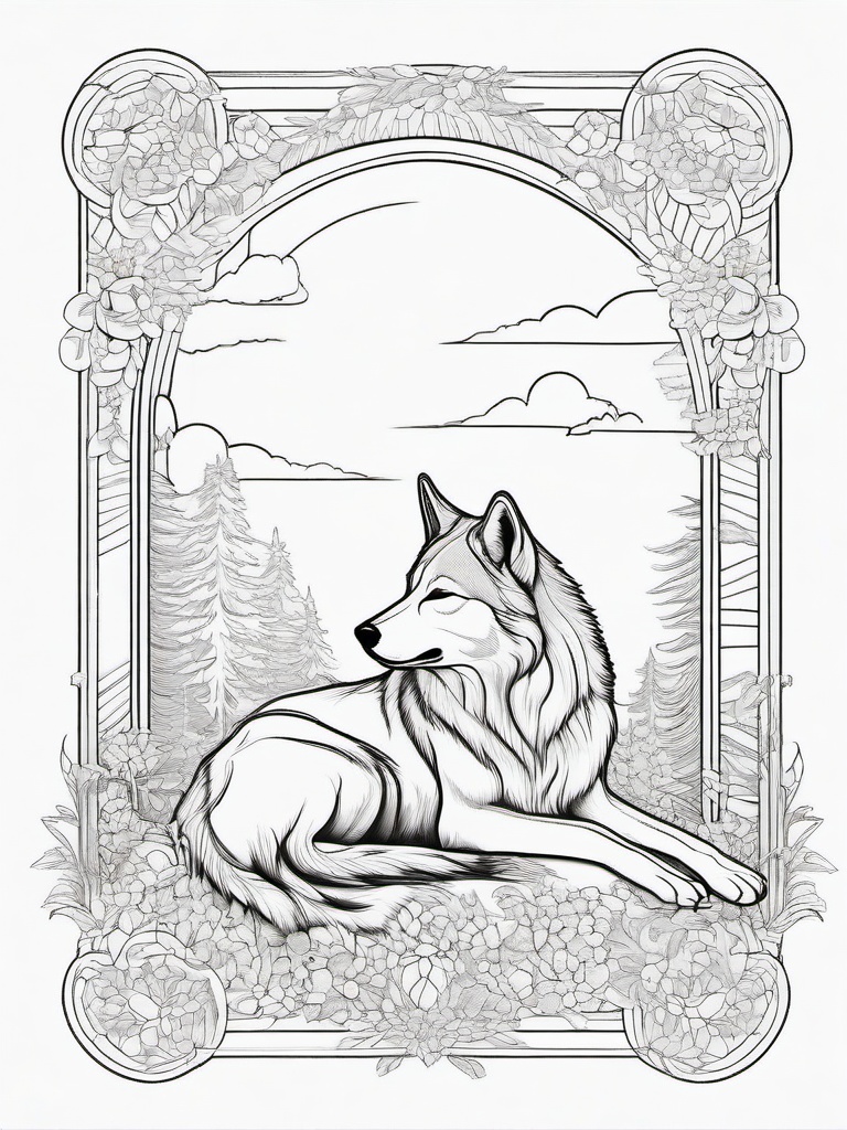 Wolf in Dreamland Coloring Pages - Dreamy Scene with a Sleeping Wolf  minimal black outline printable sheet, coloring page