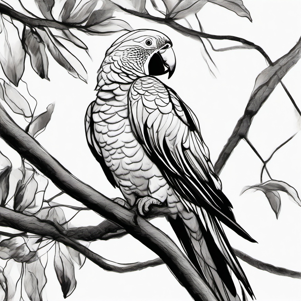 drawing of a parrot in a tree  minimal rough sketch scribbles,doodles,black and white