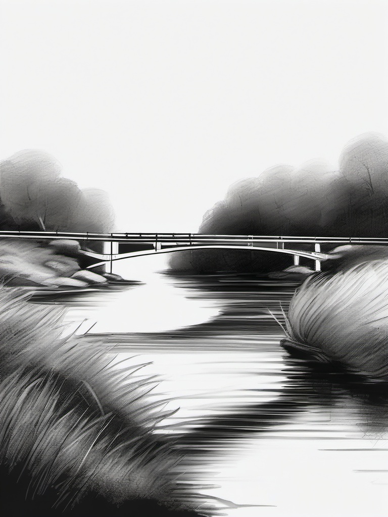 drawing of a bridge over a calm river  minimal rough sketch scribbles,doodles,black and white