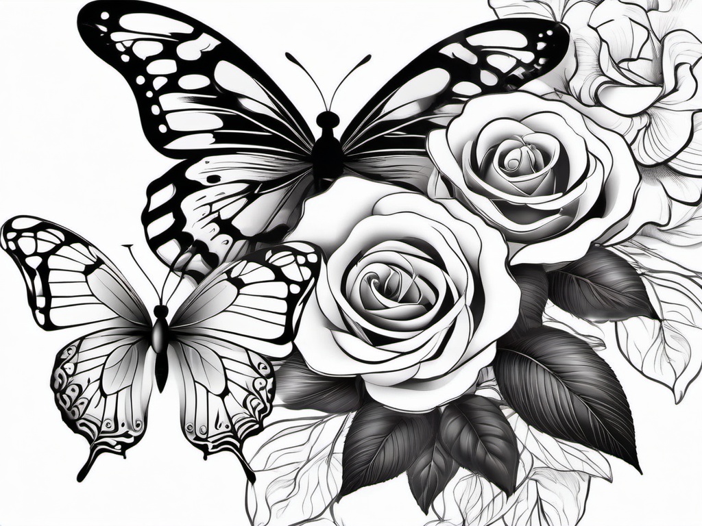 Black and White Rose and Butterfly Tattoo-Harmonious combination of a rose and butterfly in a black and white tattoo, expressing the delicate and fleeting nature of beauty.  simple vector color tattoo