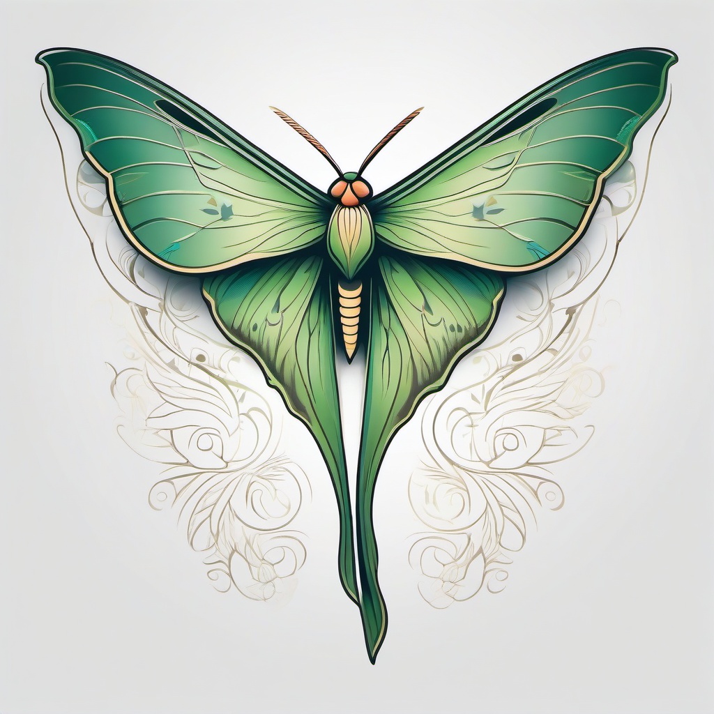 Luna Moth Tattoo - Capture the ethereal beauty of a Luna moth with a tattoo featuring its distinctive markings and graceful wings.  simple vector color tattoo, minimal, white background