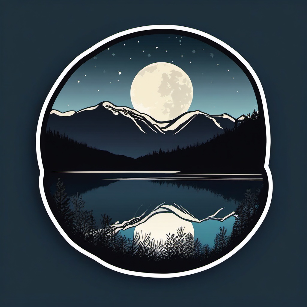 Moonlit mountain lake sticker- Reflective and calm, , sticker vector art, minimalist design