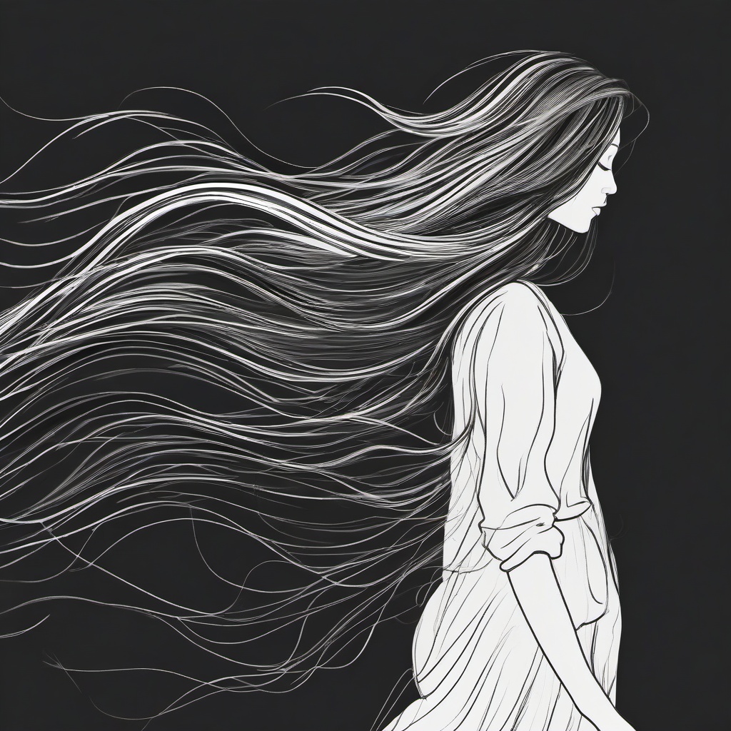 drawing of long flowing hair blowing in the wind  minimal rough sketch scribbles,doodles,black and white