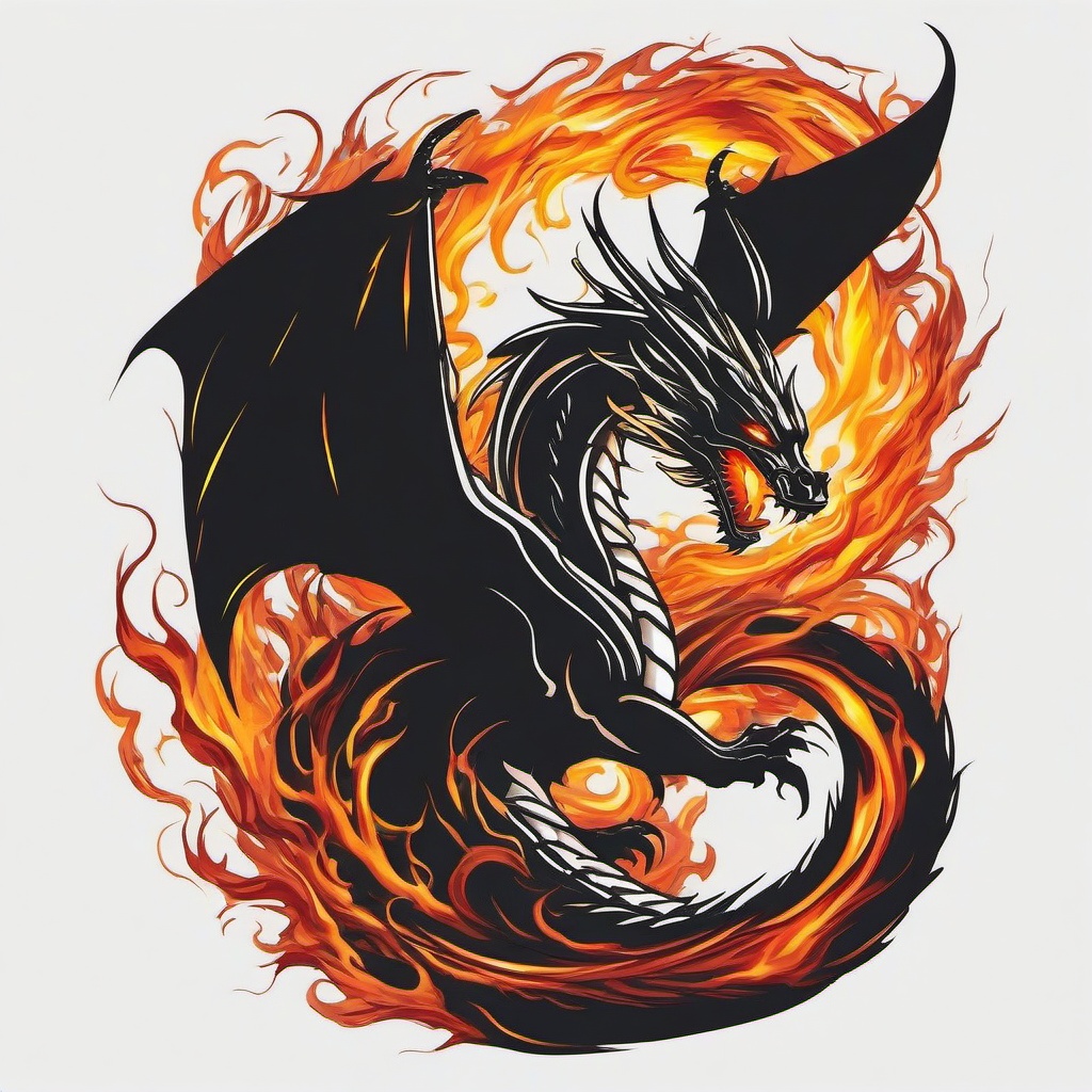 Dragon Breathing Fire Tattoo - Dynamic tattoo capturing the intensity of a dragon breathing fire.  simple color tattoo,minimalist,white background