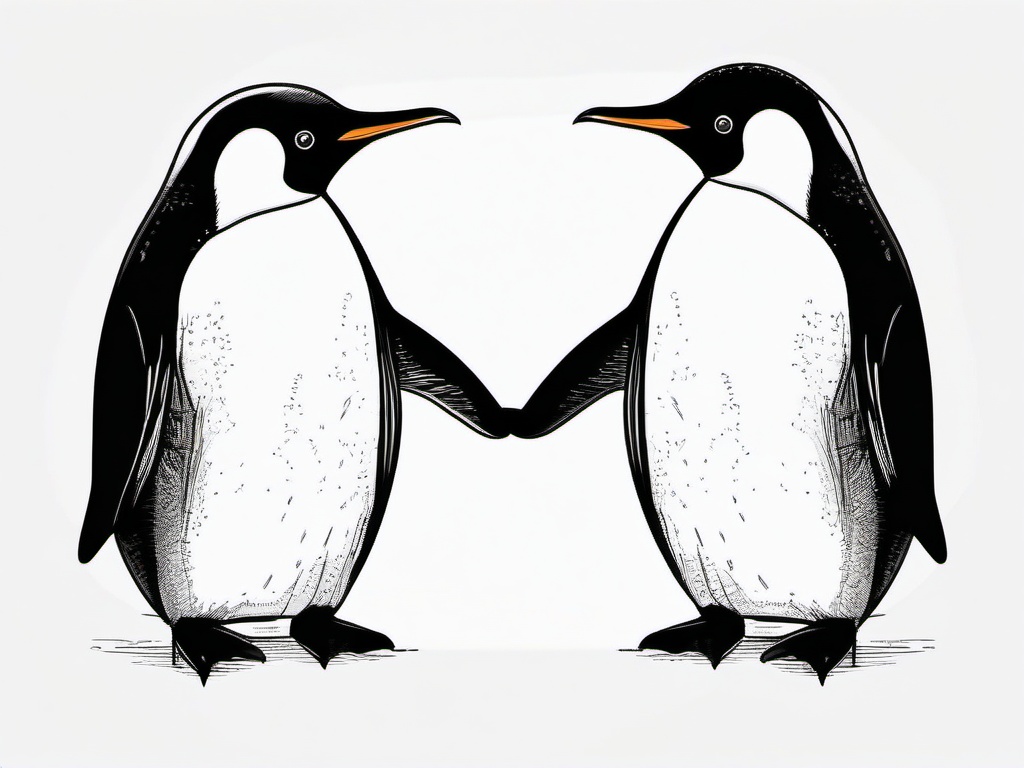 drawing of a penguin holding hands with a friend  minimal rough sketch scribbles,doodles,black and white