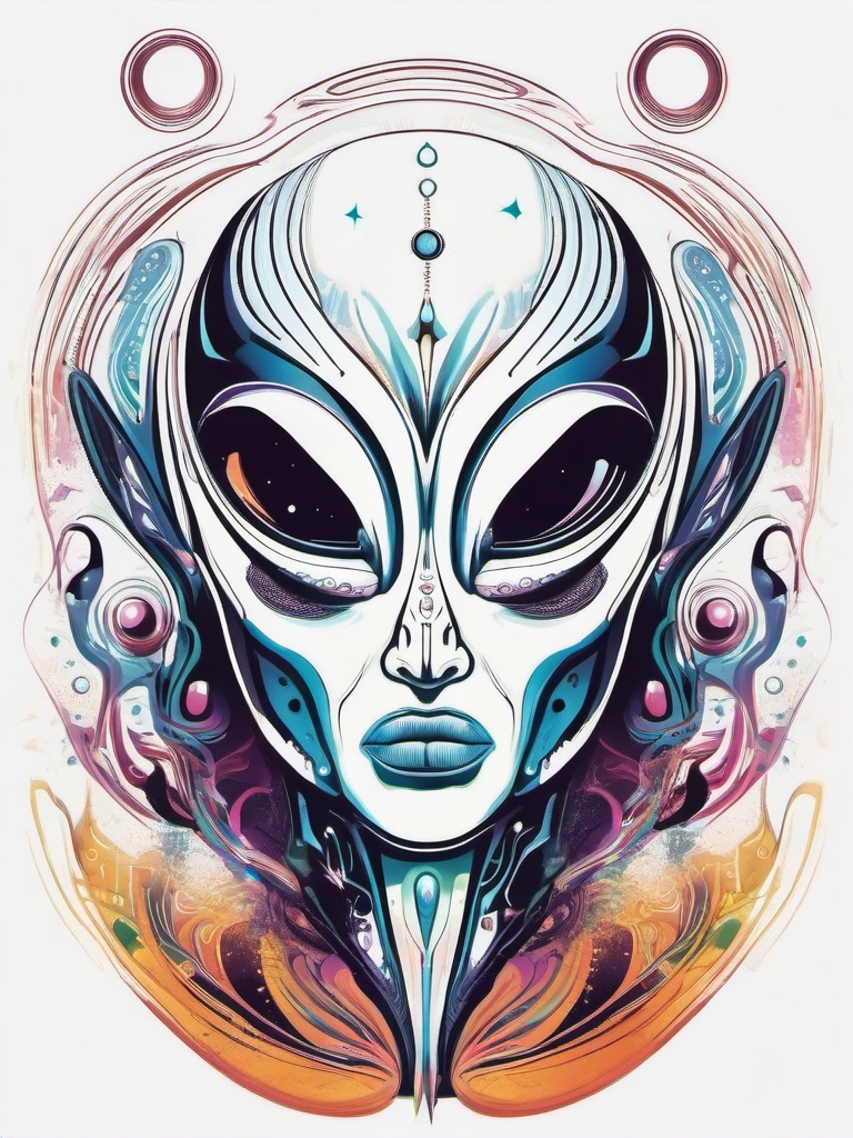 Abstract cosmic alien, a surreal representation of an extraterrestrial being surrounded by cosmic energy.  colored tattoo style, minimalist, white background