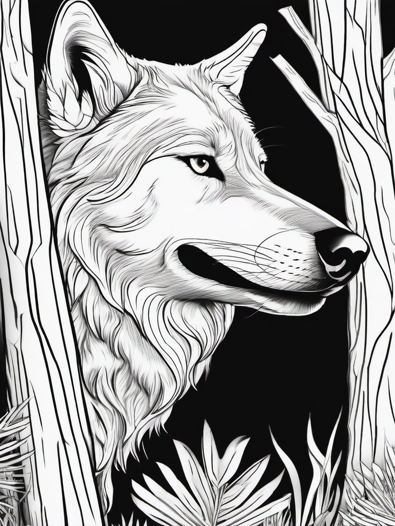 Wolf Coloring Pages - Wolf peeking out from behind a tree  simple coloring pages