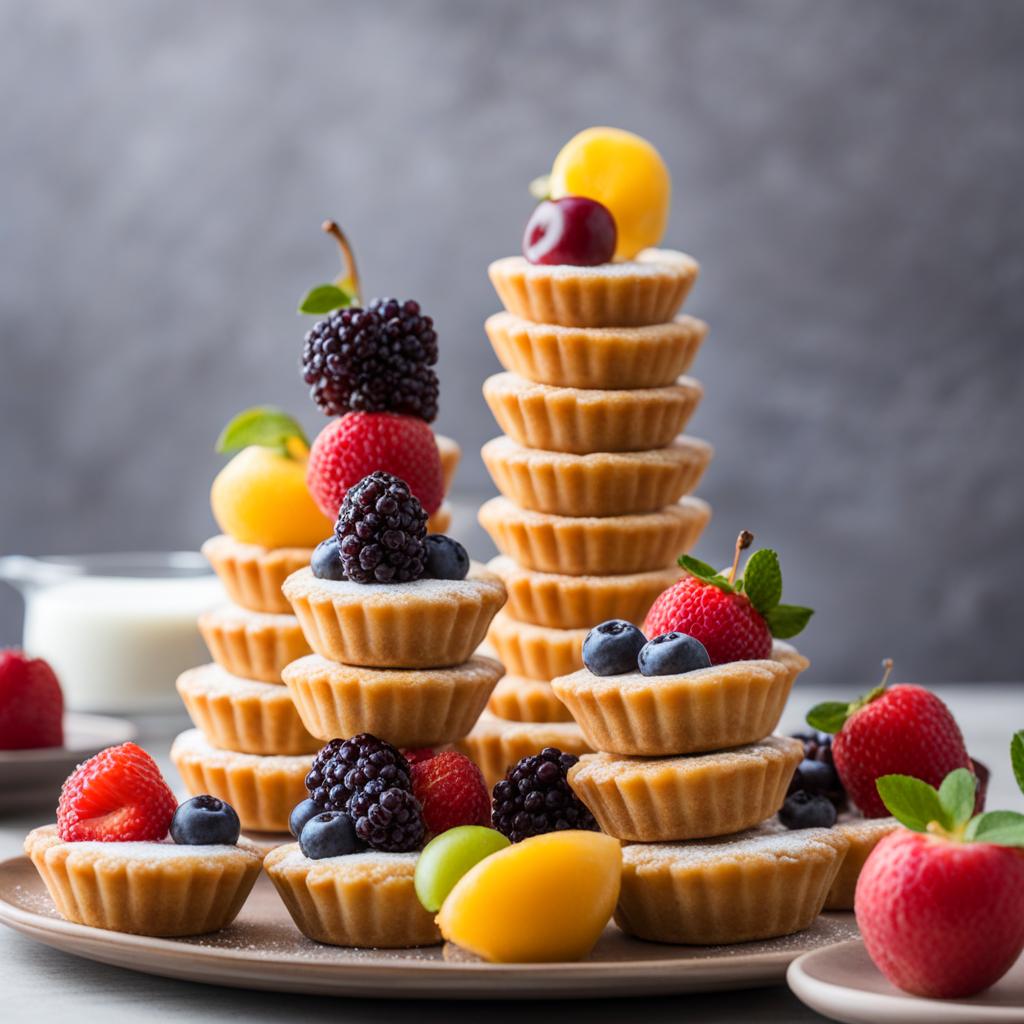 tower of mini fruit tarts, each with a buttery crust and a medley of seasonal fruits. 