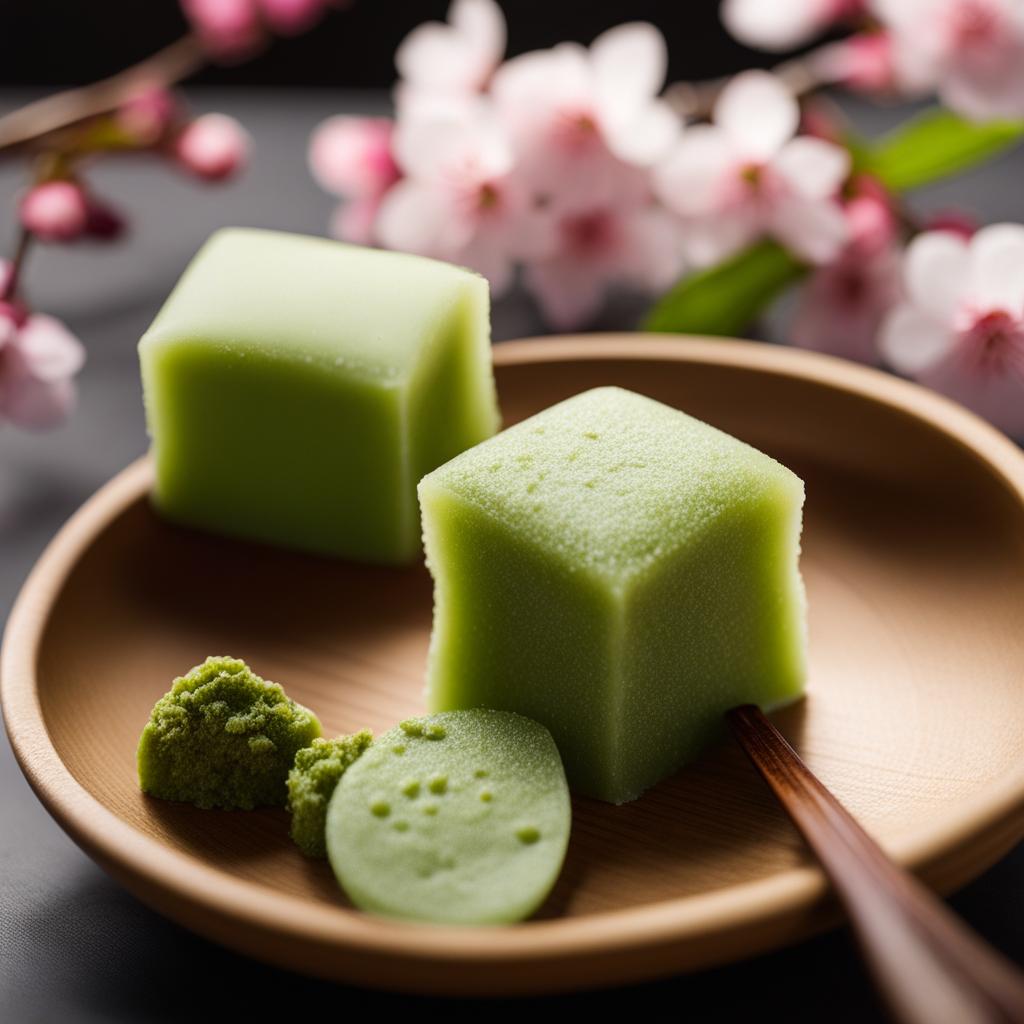 matcha-flavored mochi, a japanese delicacy, relished under the cherry blossoms during hanami. 