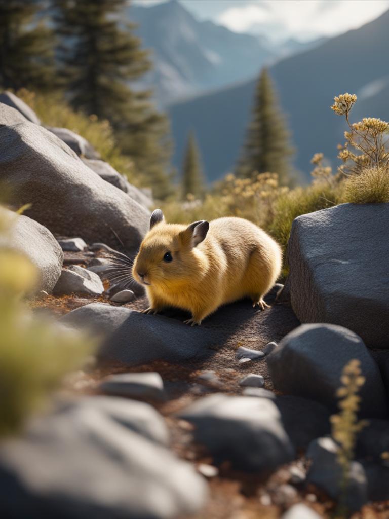 pika gathering food on a rocky alpine mountain slope 8k ultrarealistic cinematic 