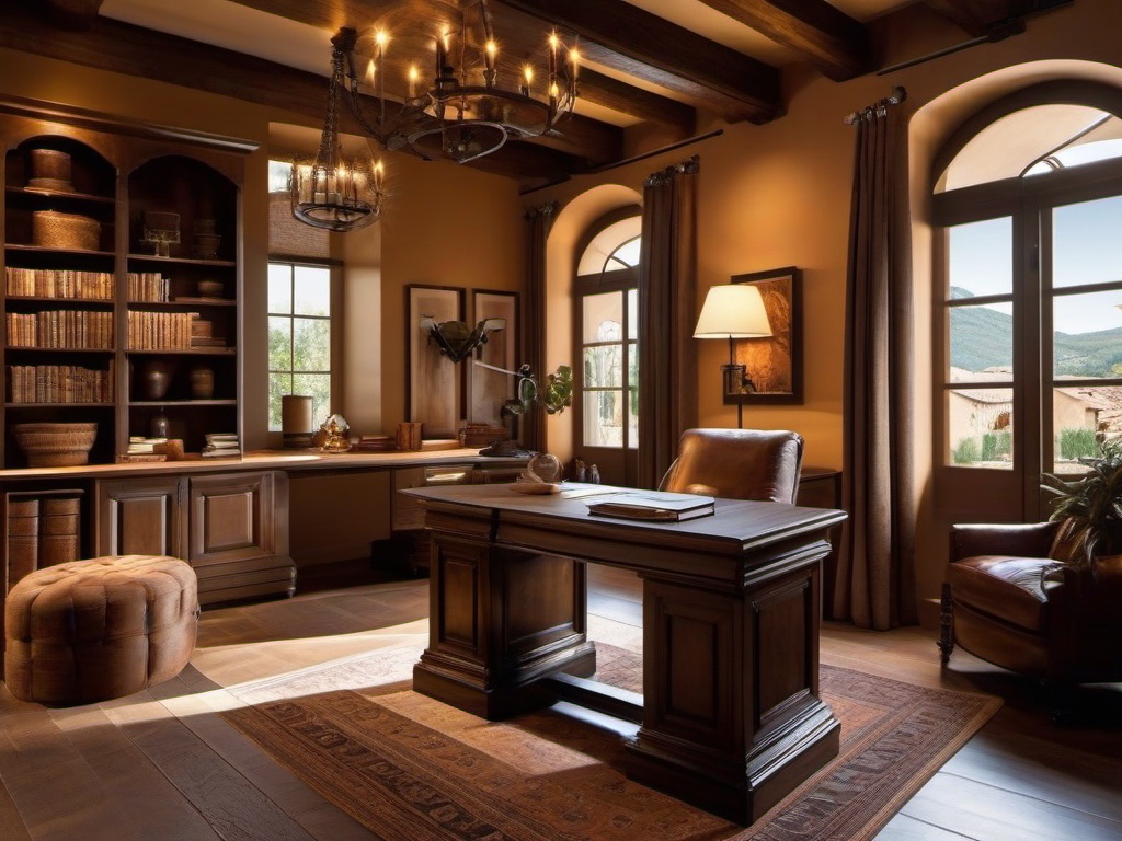 Tuscan home office showcases warm earth tones, wooden furniture, and rustic decor, evoking the charm of a cozy Italian villa for productivity.  