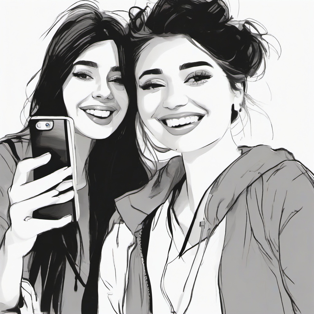 drawing of best friends taking a selfie  minimal rough sketch scribbles,doodles,black and white